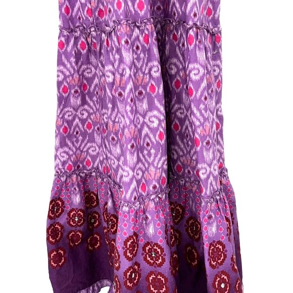 Mudd Smocked Boho Tiered Maxi Sundress Ikat Floral Ruffle Trim Lavender Pink - Picture 6 of 8